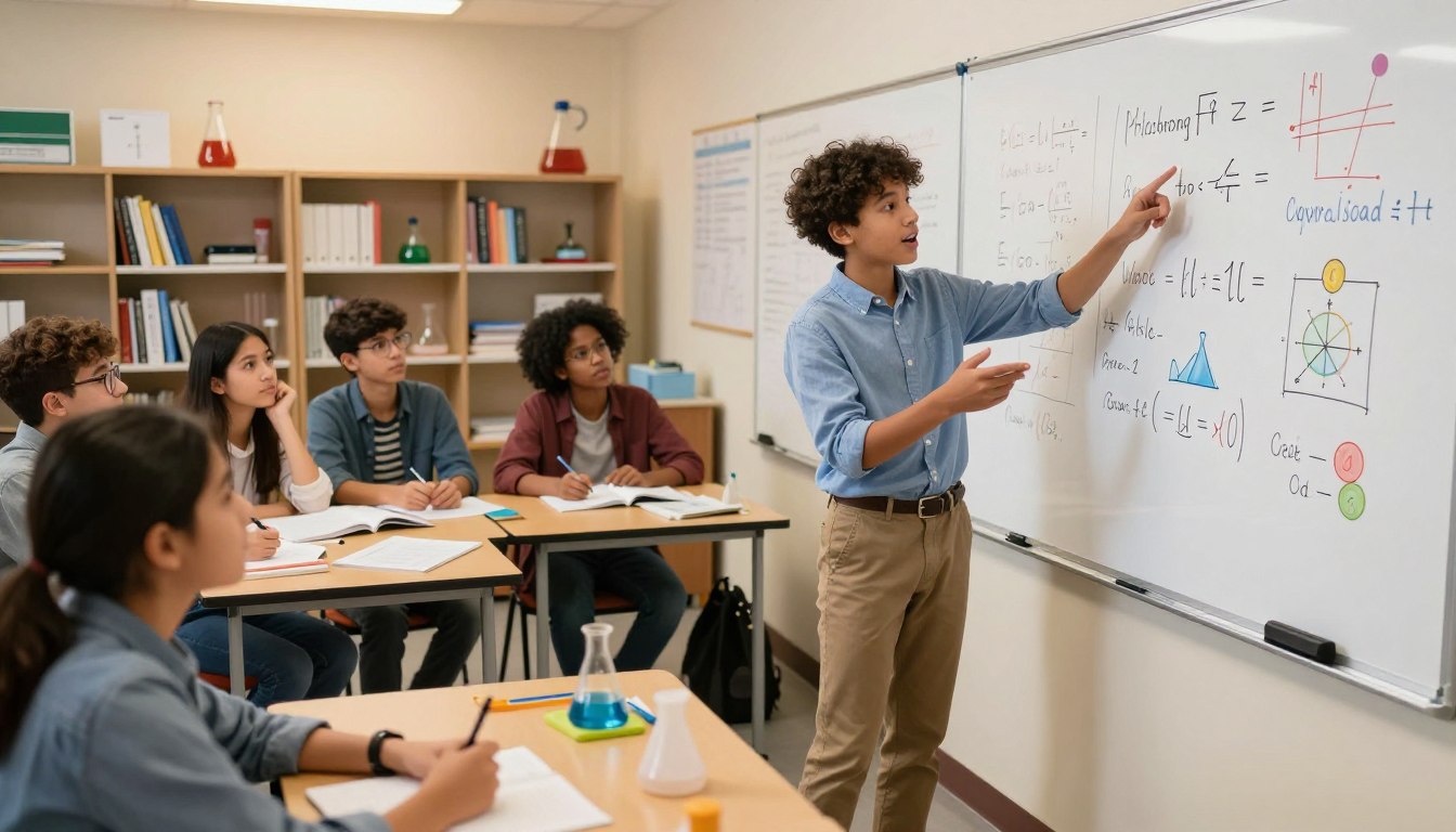 Student explaining a science concept aloud for study practice